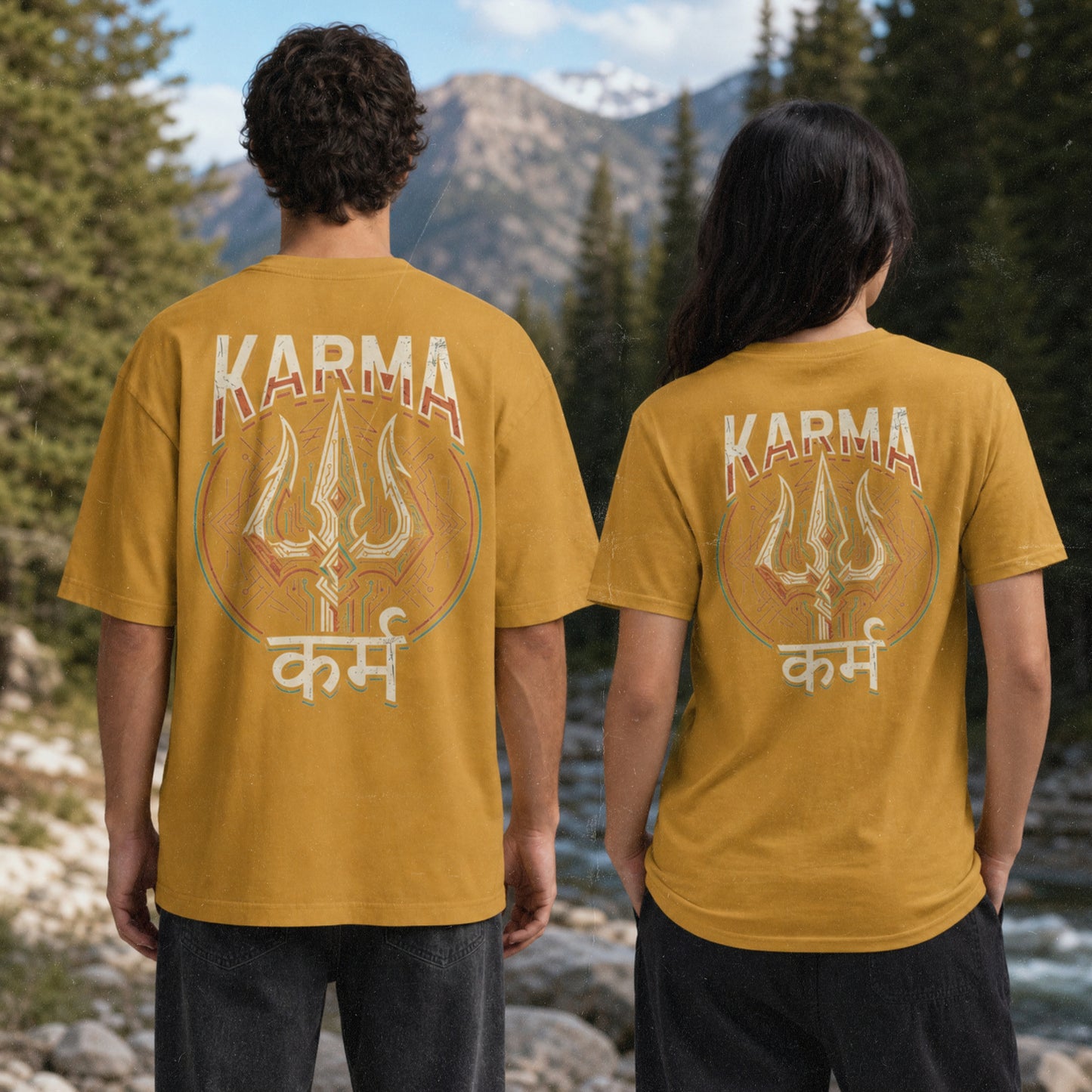 Man and woman wearing Karma oversized t-shirt in Mustard Yellow, back view