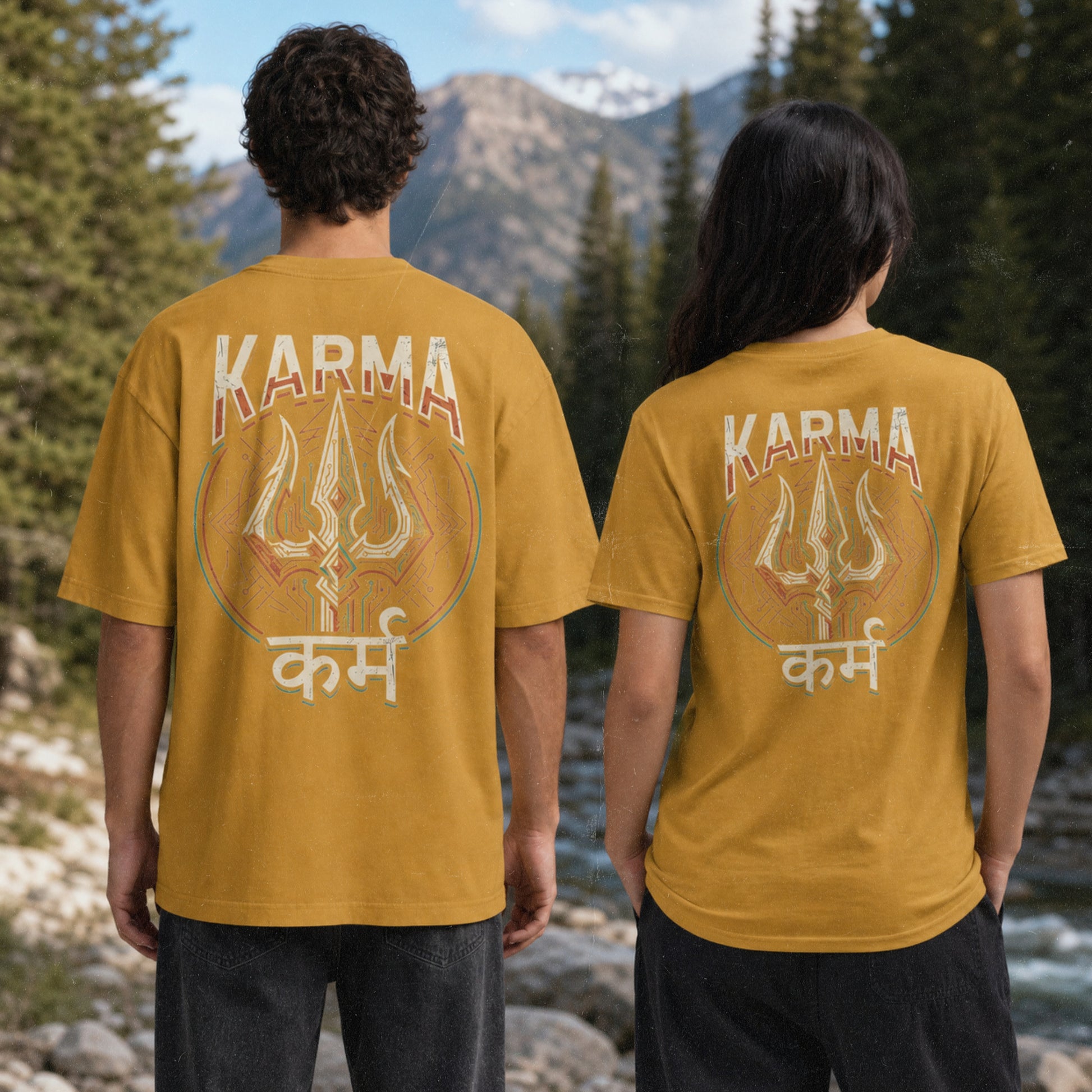 Man and woman wearing Karma oversized t-shirt in Mustard Yellow, back view