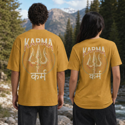 Man and woman wearing Karma oversized t-shirt in Mustard Yellow, back view