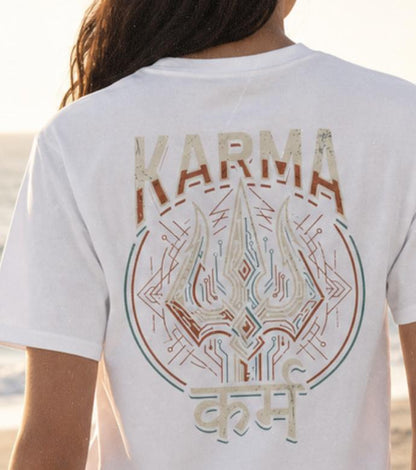 Close-up of Karma trishul graphic print on White oversized t-shir