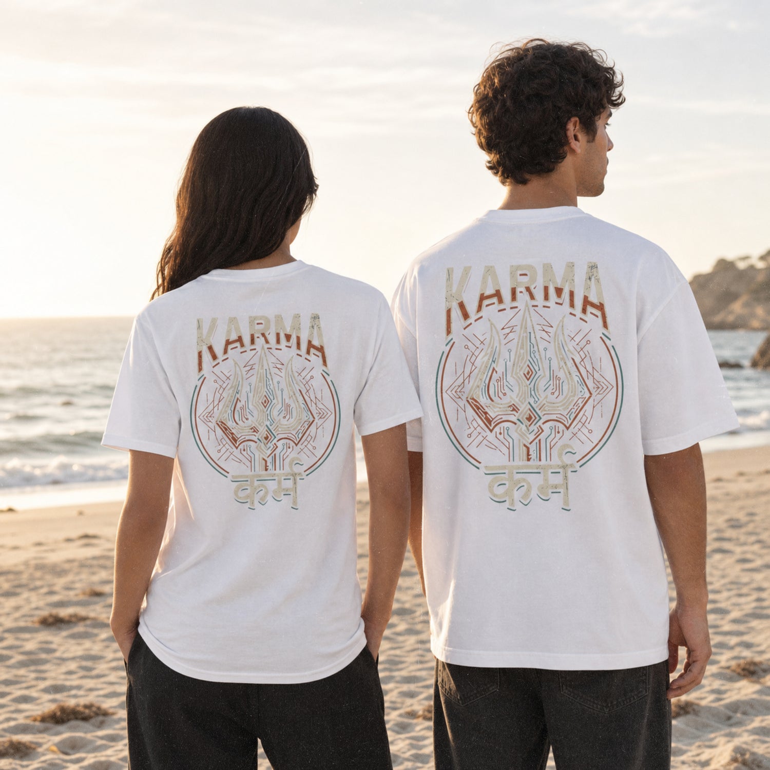 Man and woman wearing Karma oversized t-shirt in White, back view