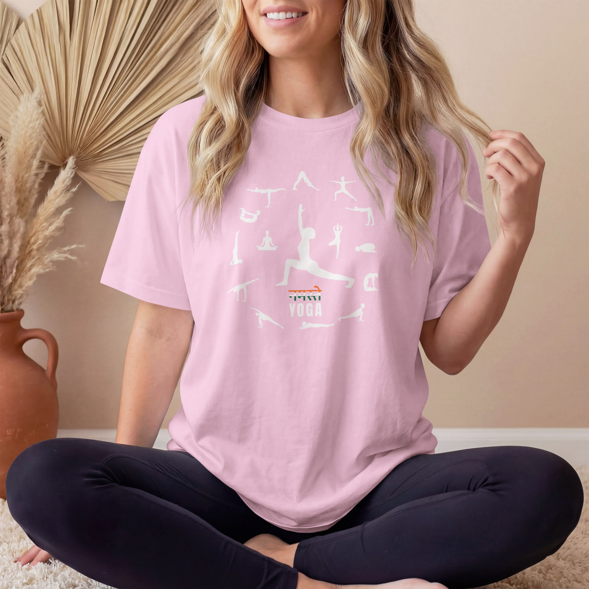 Light Pink Women's Namaste Yoga Poses T-Shirt featuring yoga asanas graphic design on premium cotton tee
