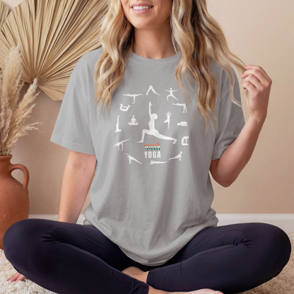 Melange Grey Women's Namaste Yoga Poses T-Shirt featuring yoga asanas graphic design on premium cotton tee