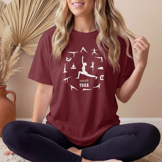 Maroon Women's Namaste Yoga Poses T-Shirt featuring yoga asanas graphic design on premium cotton tee