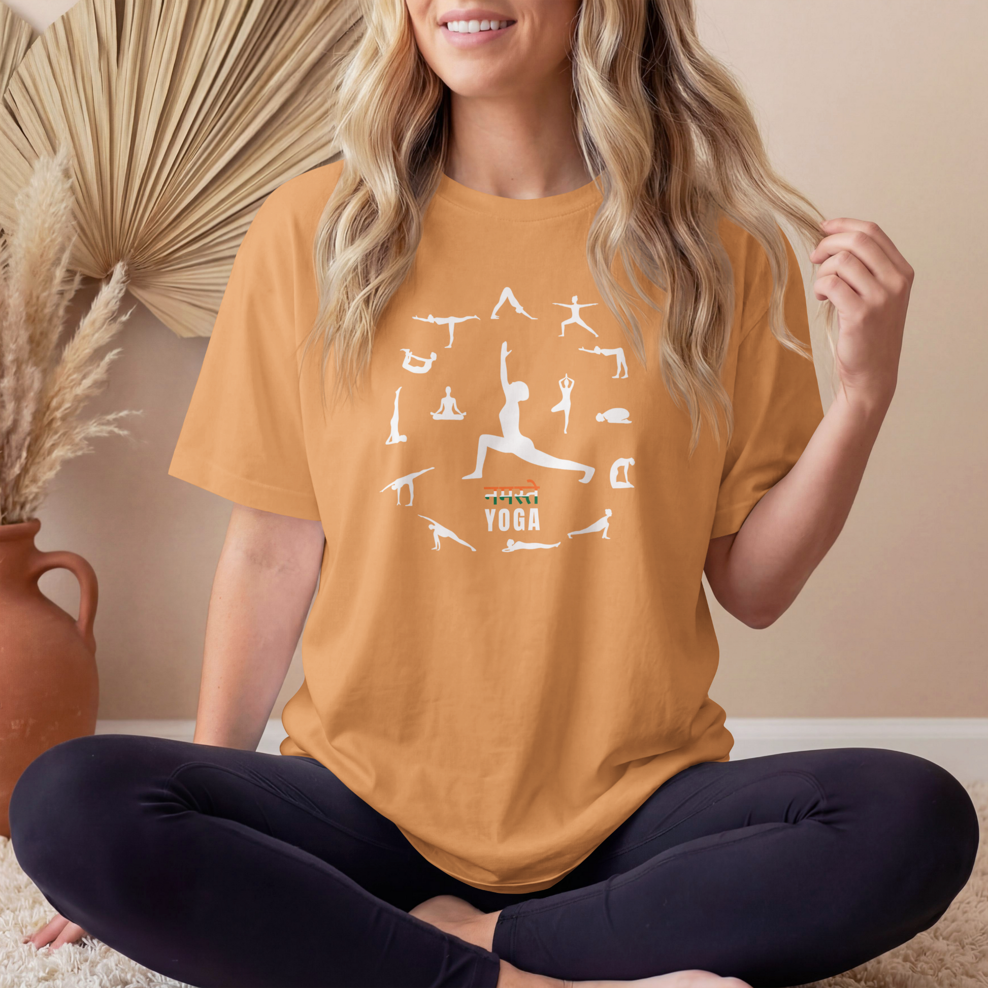 Mustard Yellow Women's Namaste Yoga Poses T-Shirt featuring yoga asanas graphic design on premium cotton tee
