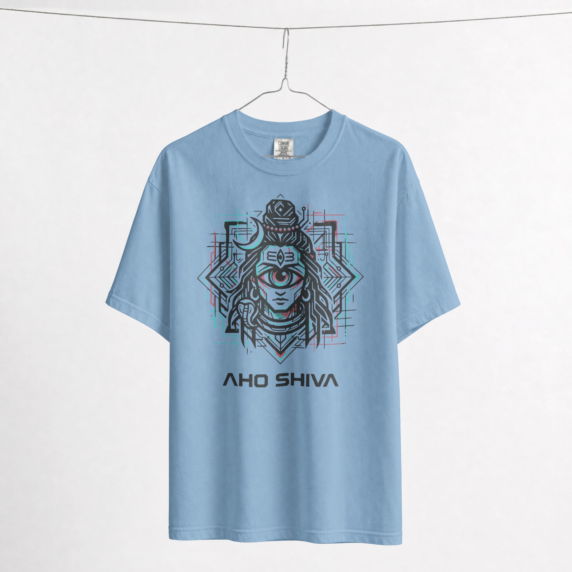 Flat lay of Nauma Aho Shiva baby blue oversized T-shirt showing the full front graphic print