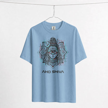 Flat lay of Nauma Aho Shiva baby blue oversized T-shirt showing the full front graphic print