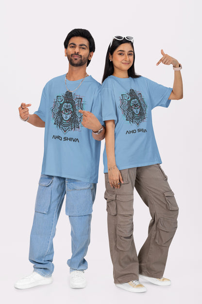 Model wearing Nauma Aho Shiva baby blue oversized T-shirt with cyberpunk Shiva graphic print, front view