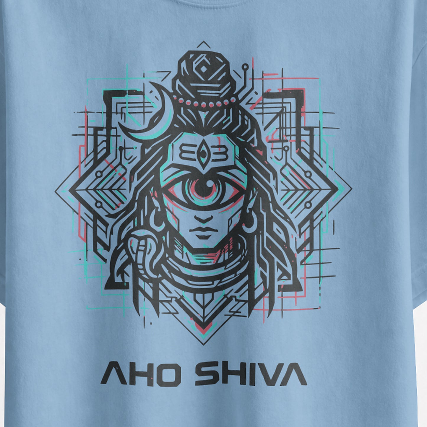 Close-up of the Aho Shiva cyberpunk Shiva print with cyan and red detailing on the baby blue oversized T-shirt