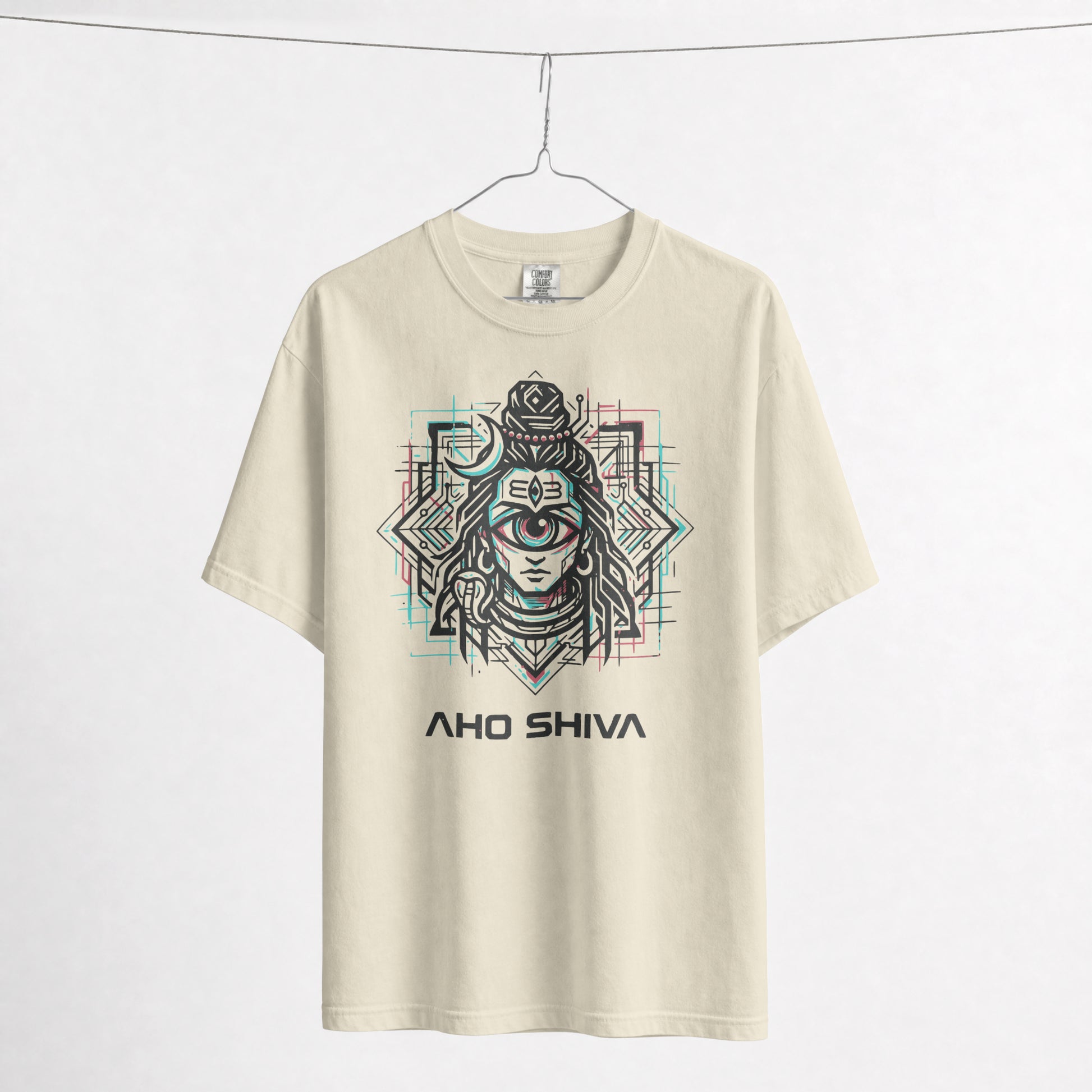 Flat lay of Nauma Aho Shiva off white oversized T-shirt showing the full front graphic print