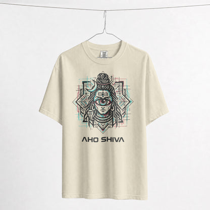 Flat lay of Nauma Aho Shiva off white oversized T-shirt showing the full front graphic print