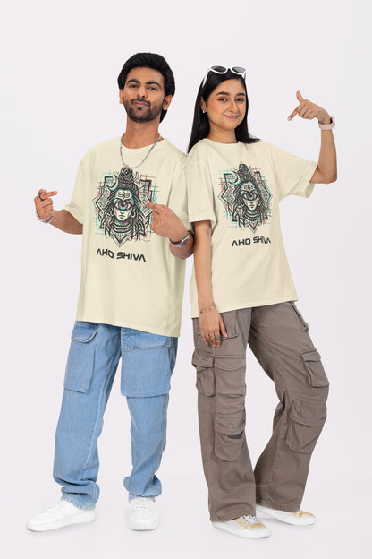 Model wearing Nauma Aho Shiva off white oversized T-shirt with cyberpunk Shiva graphic print, front view