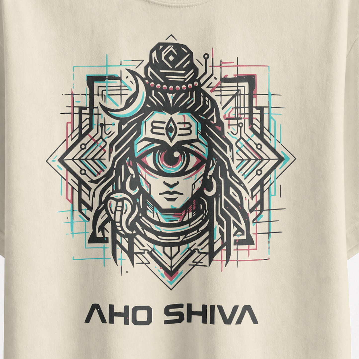 Close-up of the Aho Shiva cyberpunk Shiva print with cyan and red detailing on the off white oversized T-shirt