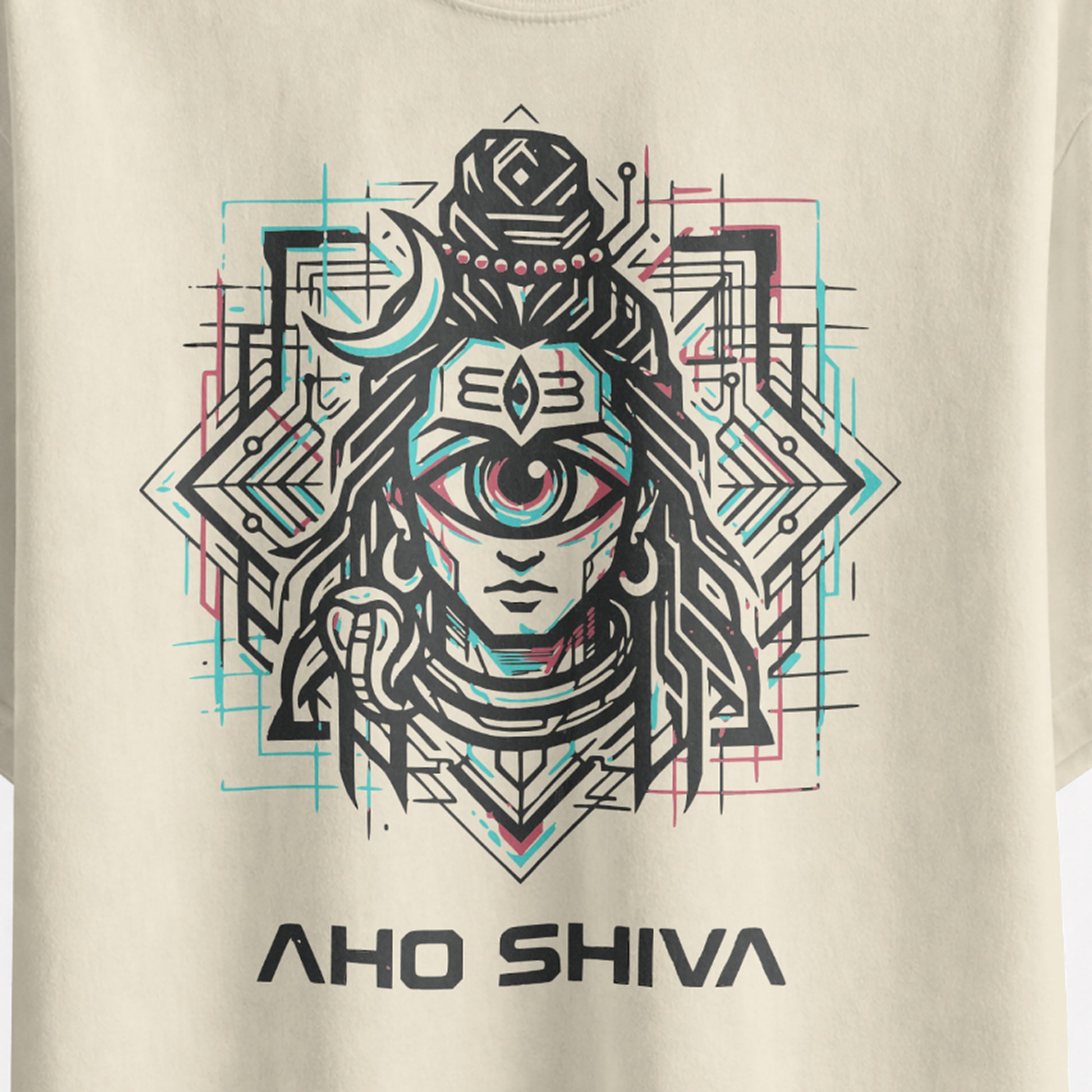 Close-up of the Aho Shiva cyberpunk Shiva print with cyan and red detailing on the off white oversized T-shirt