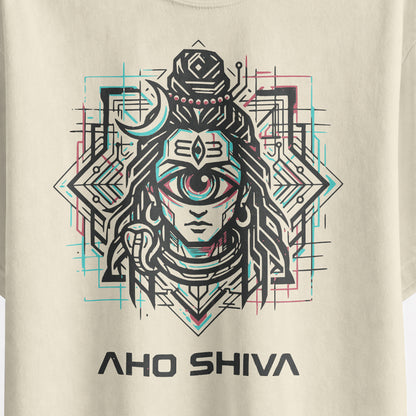Close-up of the Aho Shiva cyberpunk Shiva print with cyan and red detailing on the off white oversized T-shirt