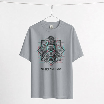 Flat lay of Nauma Aho Shiva silver frost oversized T-shirt showing the full front graphic print