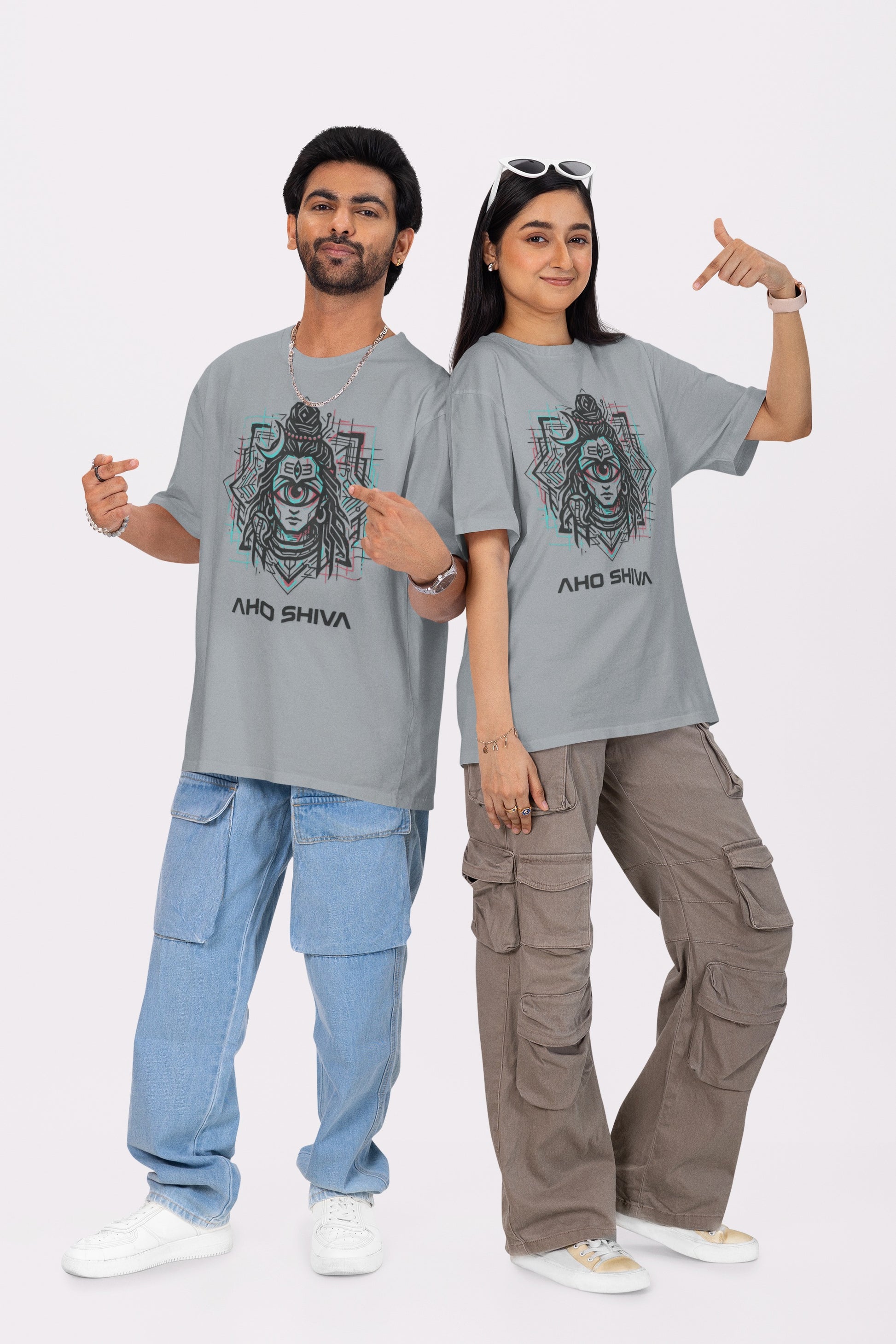 Model wearing Nauma Aho Shiva silver frost oversized T-shirt with cyberpunk Shiva graphic print, front view