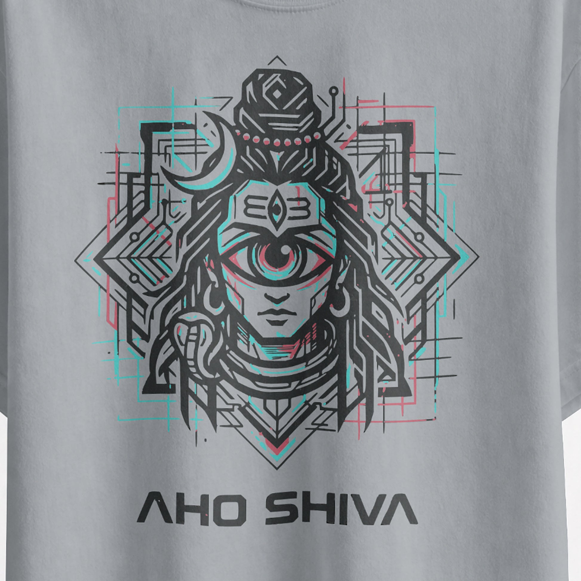 Close-up of the Aho Shiva cyberpunk Shiva print with cyan and red detailing on the silver frost oversized T-shirt