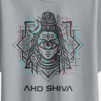 Close-up of the Aho Shiva cyberpunk Shiva print with cyan and red detailing on the silver frost oversized T-shirt