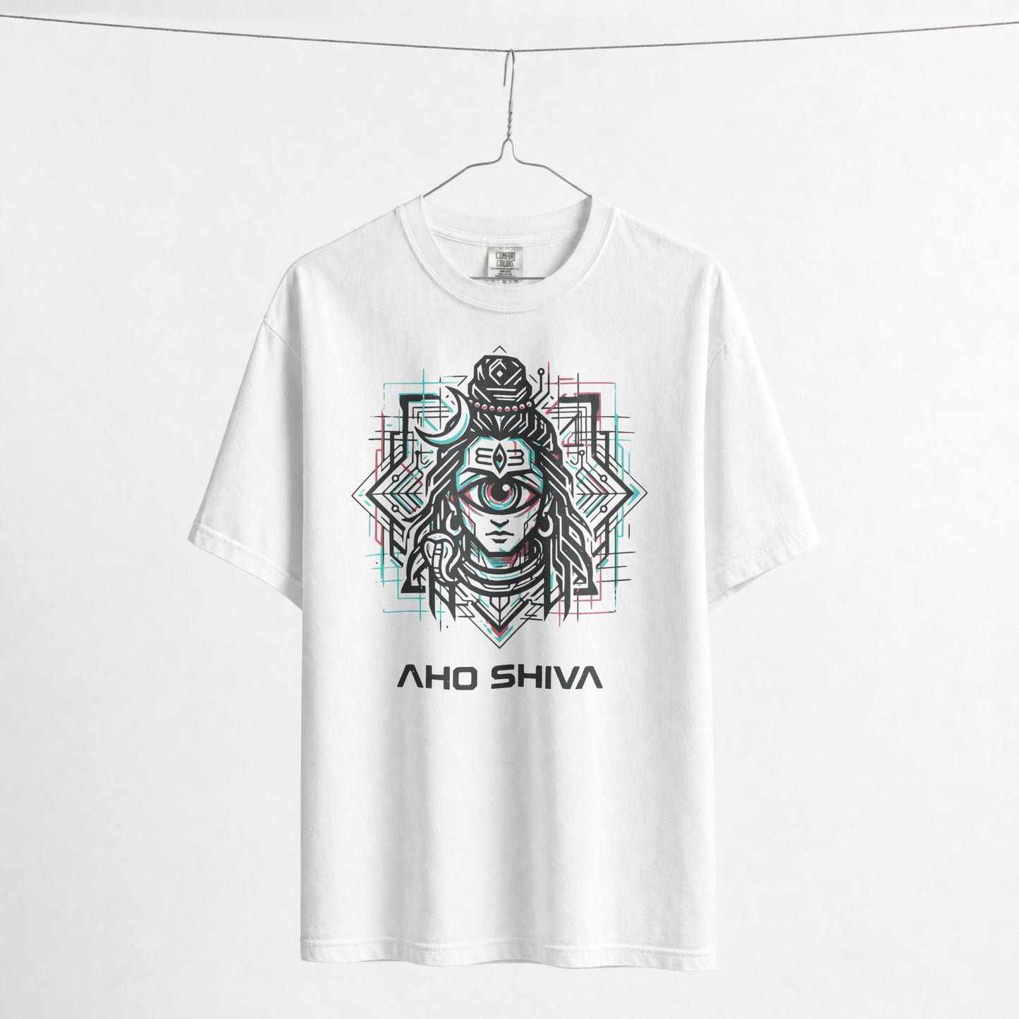 Flat lay of Nauma Aho Shiva white oversized T-shirt showing the full front graphic print