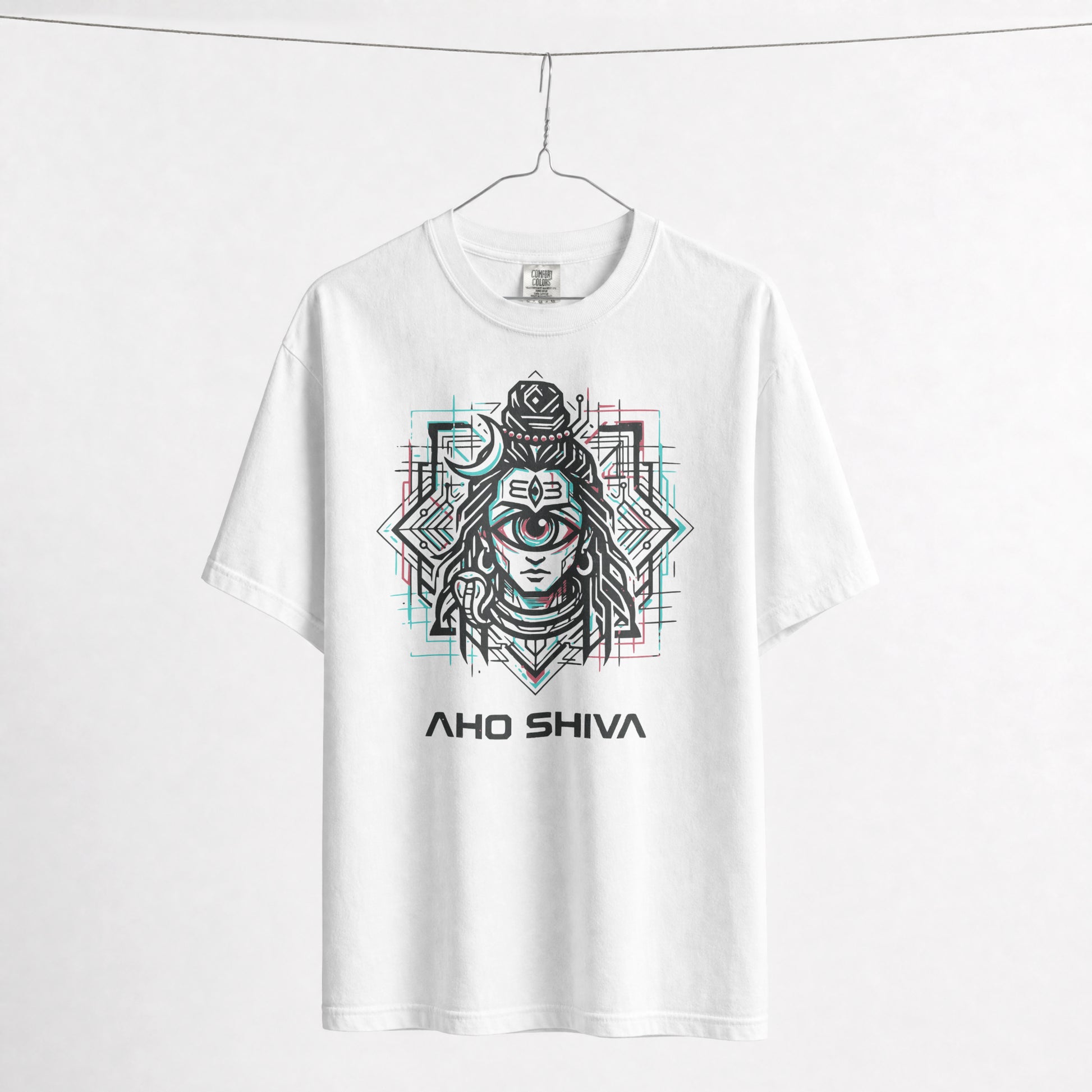 Flat lay of Nauma Aho Shiva white oversized T-shirt showing the full front graphic print
