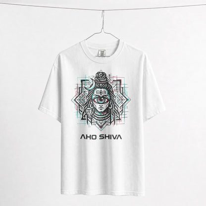Flat lay of Nauma Aho Shiva white oversized T-shirt showing the full front graphic print