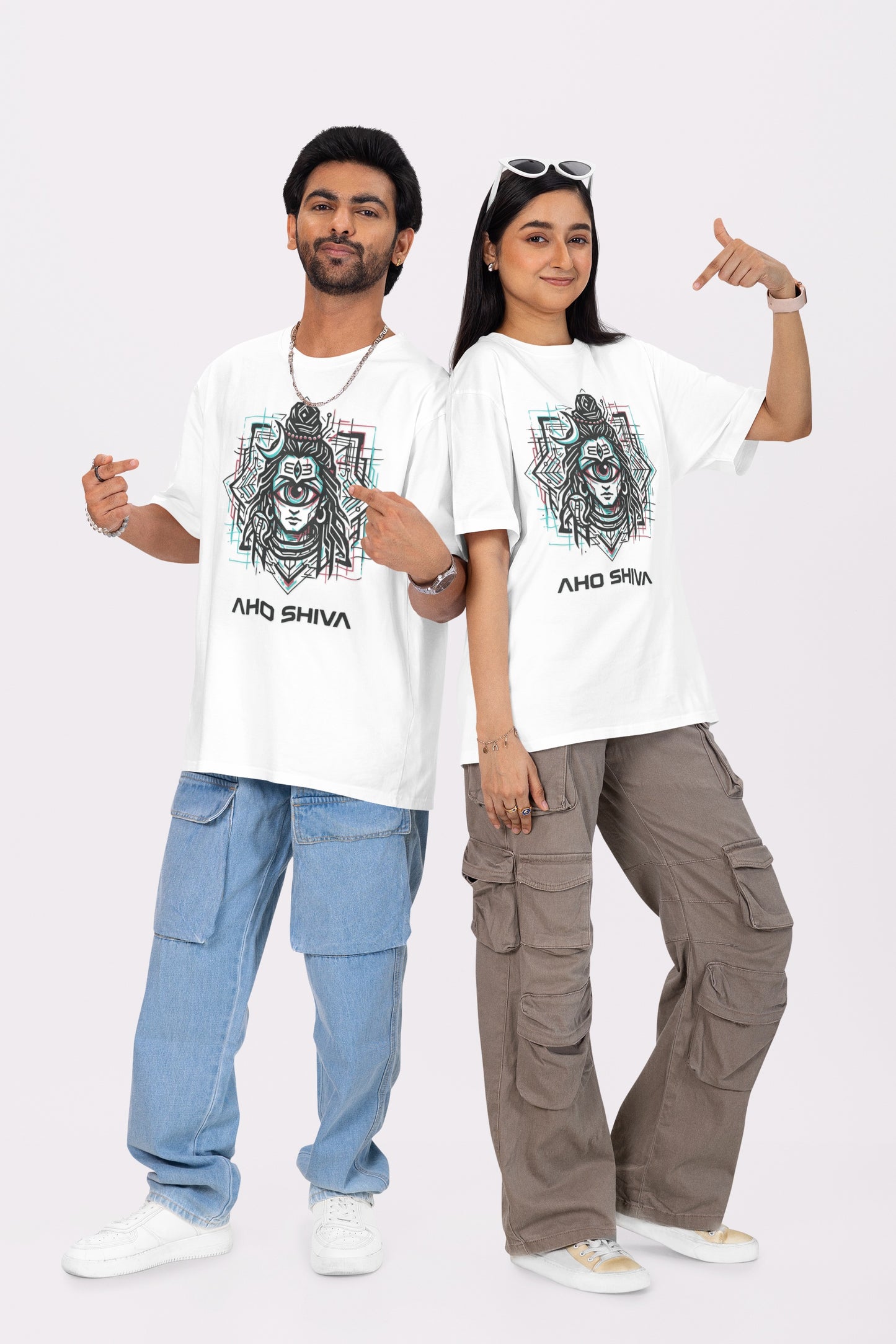 Model wearing Nauma Aho Shiva white oversized T-shirt with cyberpunk Shiva graphic print, front view