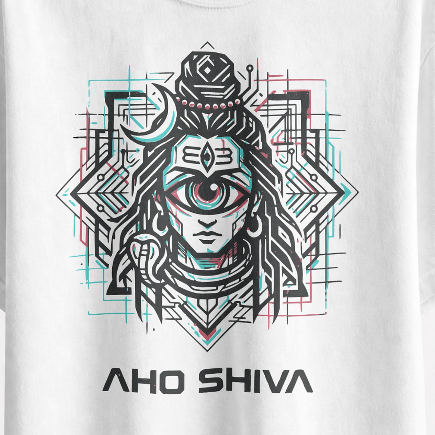 Close-up of the Aho Shiva cyberpunk Shiva print with cyan and red detailing on the white oversized T-shirt