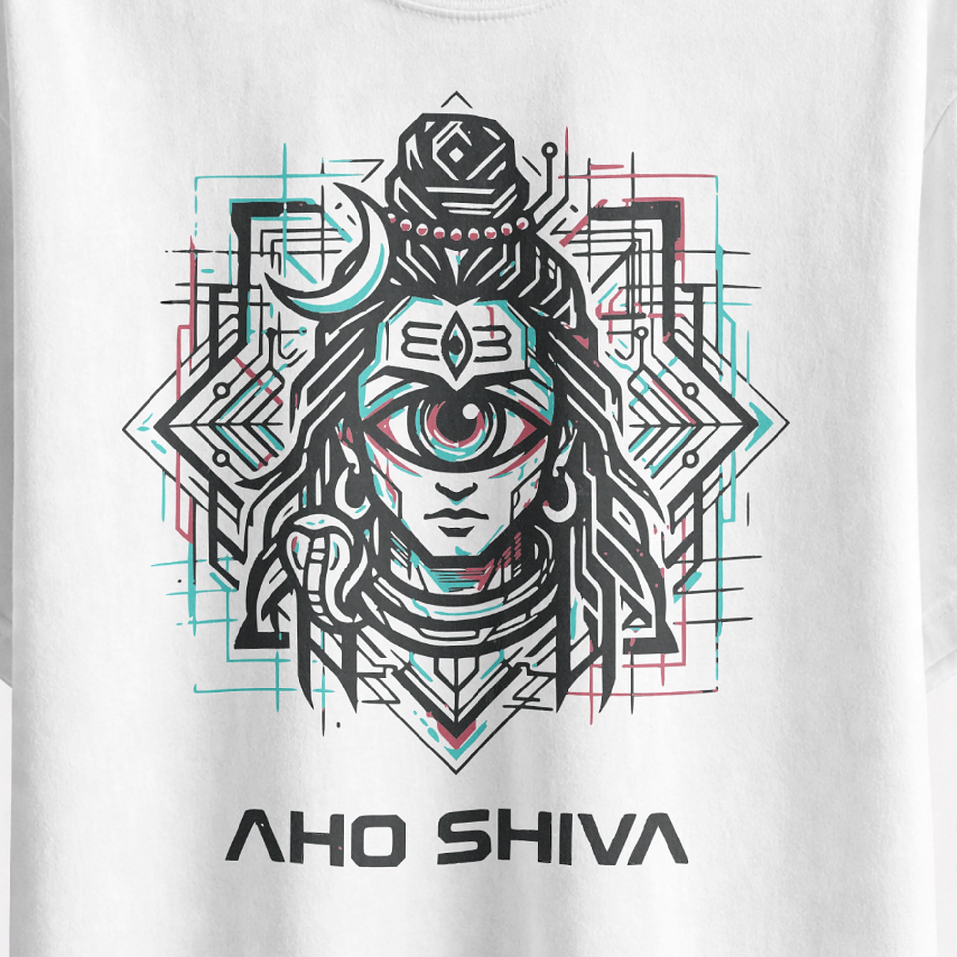 Close-up of the Aho Shiva cyberpunk Shiva print with cyan and red detailing on the white oversized T-shirt