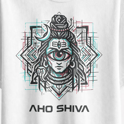 Close-up of the Aho Shiva cyberpunk Shiva print with cyan and red detailing on the white oversized T-shirt