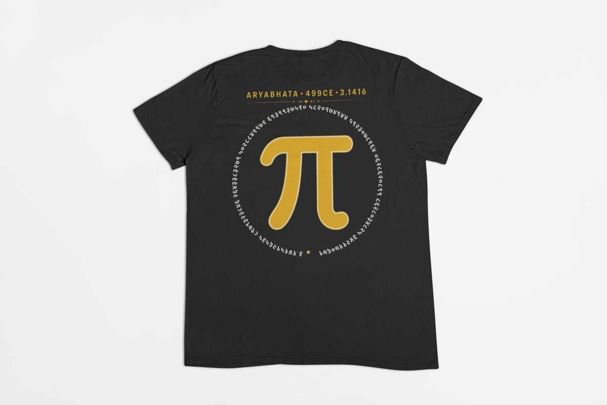 Black Aryabhata Pi graphic unisex t-shirt, flat lay back view with mustard pi symbol and ARYABHATA 499CE 3.1416 print