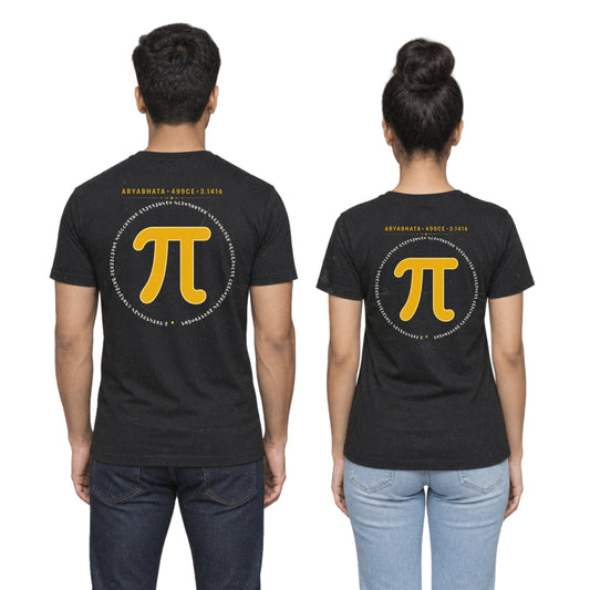 Black Aryabhata Pi graphic unisex t-shirt, back view worn by a man and a woman showing the mustard pi back print