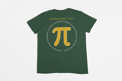 Bottle Green Aryabhata Pi graphic unisex t-shirt, flat lay back view with mustard pi symbol and ARYABHATA 499CE 3.1416 print