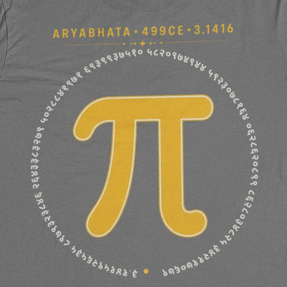 Charcoal Grey Aryabhata Pi graphic unisex t-shirt, back print close-up of the mustard pi symbol ringed by pi digits in Devanagari numerals