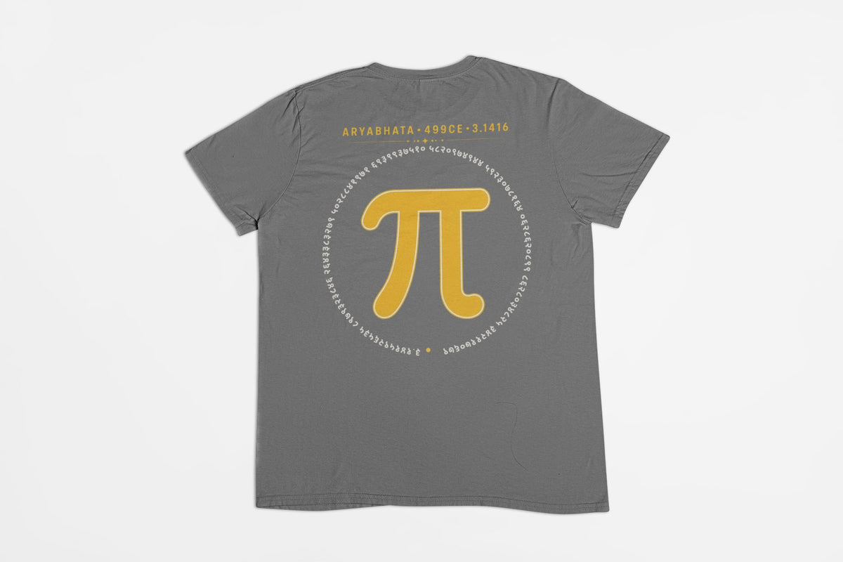 Charcoal Grey Aryabhata Pi graphic unisex t-shirt, flat lay back view with mustard pi symbol and ARYABHATA 499CE 3.1416 print