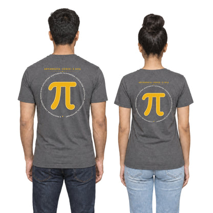 Charcoal Grey Aryabhata Pi graphic unisex t-shirt, back view worn by a man and a woman showing the mustard pi back print