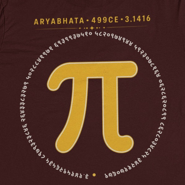 Maroon Aryabhata Pi graphic unisex t-shirt, back print close-up of the mustard pi symbol ringed by pi digits in Devanagari numerals