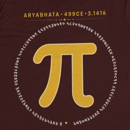 Maroon Aryabhata Pi graphic unisex t-shirt, back print close-up of the mustard pi symbol ringed by pi digits in Devanagari numerals