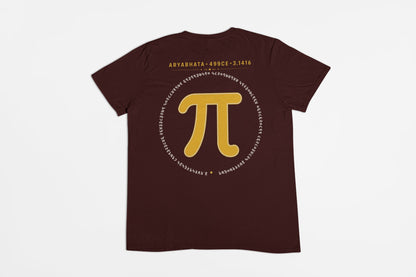 Maroon Aryabhata Pi graphic unisex t-shirt, flat lay back view with mustard pi symbol and ARYABHATA 499CE 3.1416 print