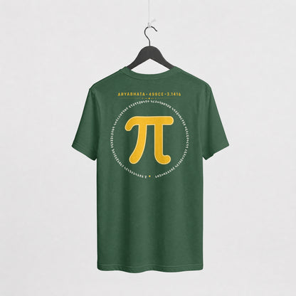 Bottle Green Aryabhata Pi oversized t-shirt on a hanger, back view with mustard pi symbol and ARYABHATA 499CE 3.1416 print