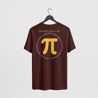 Maroon Aryabhata Pi oversized t-shirt on a hanger, back view with mustard pi symbol and ARYABHATA 499CE 3.1416 print