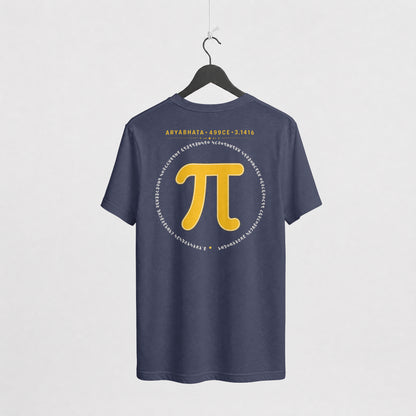 Navy Blue Aryabhata Pi oversized t-shirt on a hanger, back view with mustard pi symbol and ARYABHATA 499CE 3.1416 print