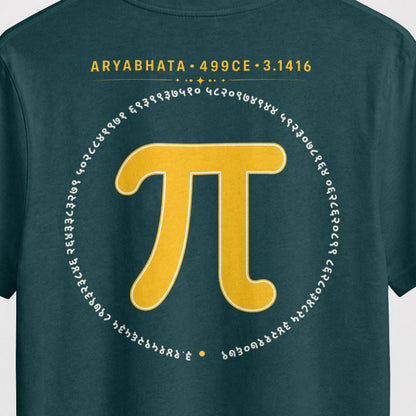 Petrol Blue Aryabhata Pi oversized t-shirt, back print close-up of the mustard pi symbol ringed by pi digits in Devanagari numerals