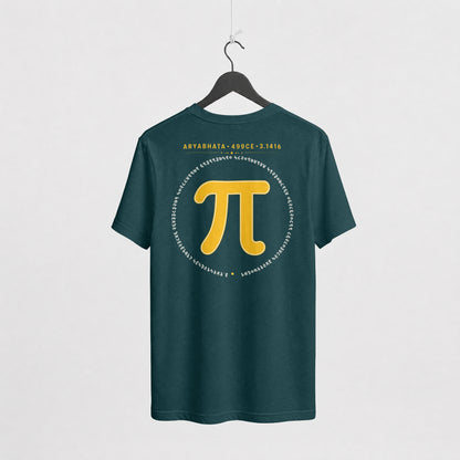 Petrol Blue Aryabhata Pi oversized t-shirt on a hanger, back view with mustard pi symbol and ARYABHATA 499CE 3.1416 print