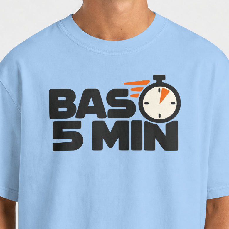 Detail of the Bas 5 Min stopwatch graphic on a Baby Blue oversized t-shirt