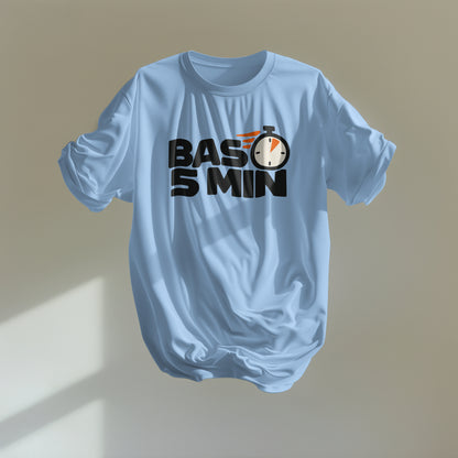 Baby Blue Bas 5 Min oversized tee floating in window light, BAS 5 MIN print with orange stopwatch dial