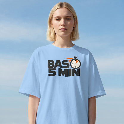 Baby Blue Bas 5 Min oversized t-shirt on a female model, front view of the black and orange stopwatch print