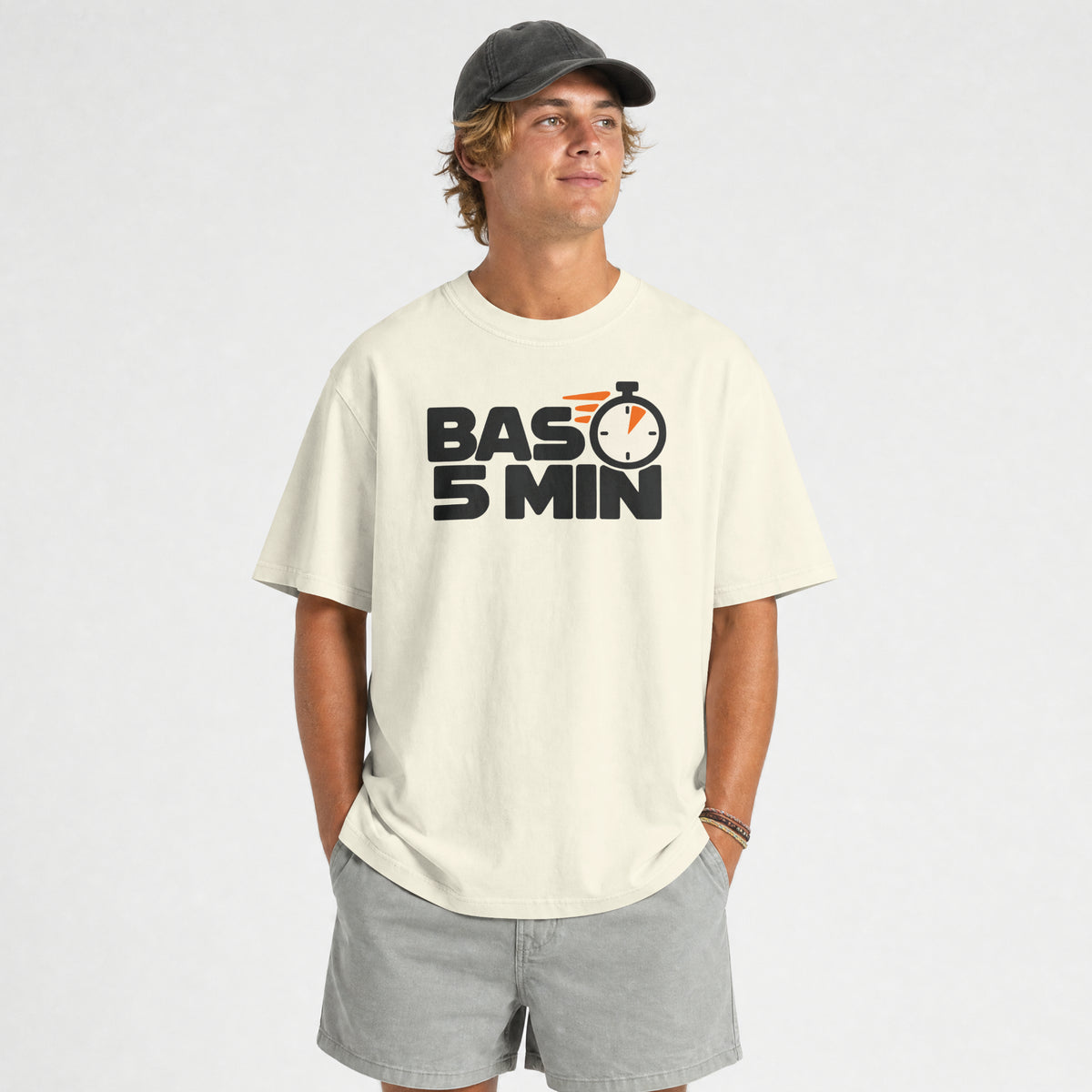 Off White Bas 5 Min unisex oversized t-shirt on a male model with grey shorts, stopwatch print on the chest
