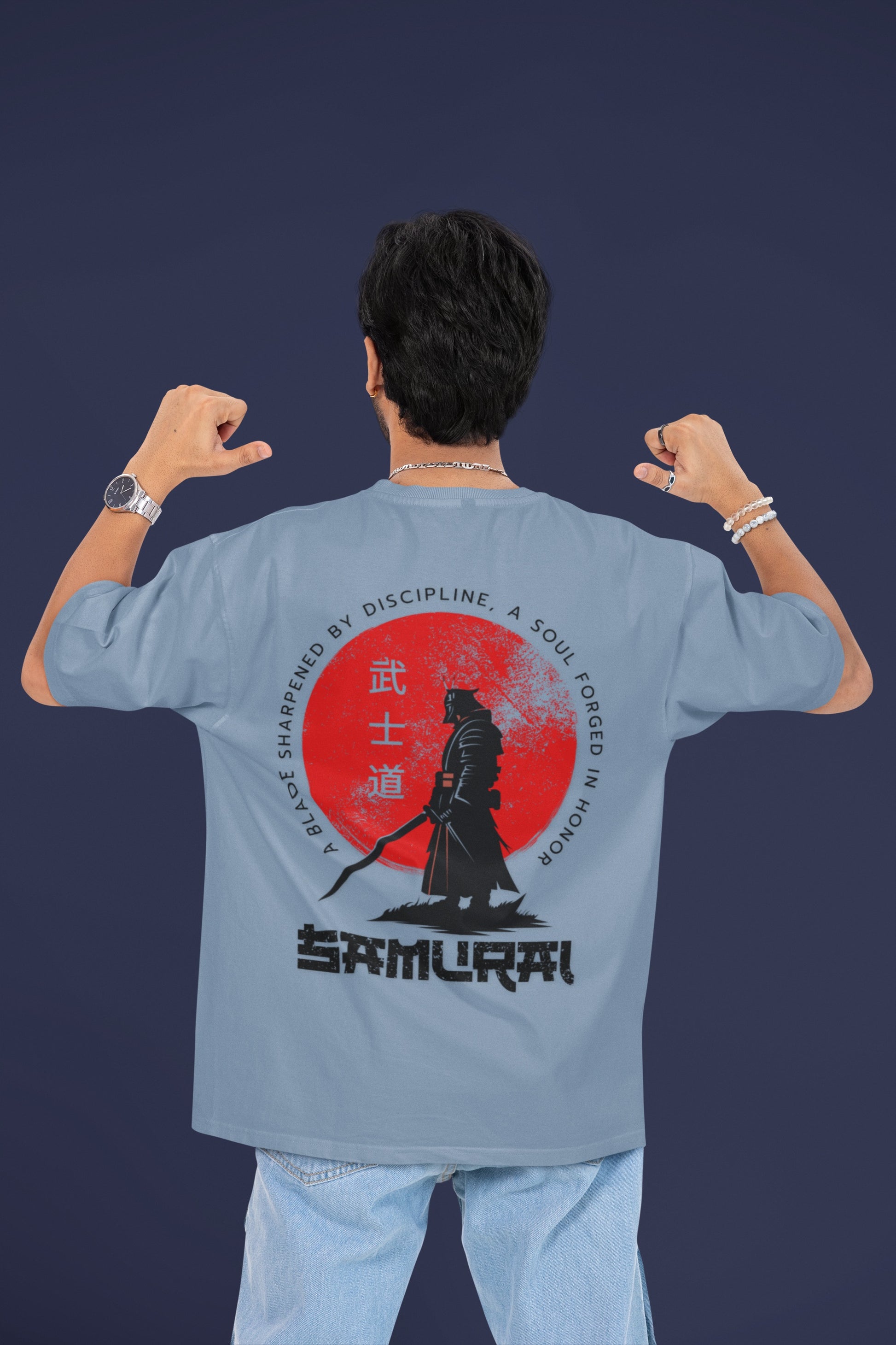Man wearing Nauma Bushido Discipline baby blue oversized T-shirt with samurai back print
