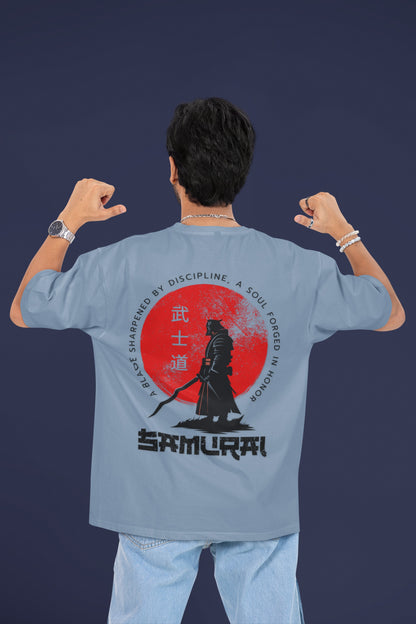 Man wearing Nauma Bushido Discipline baby blue oversized T-shirt with samurai back print